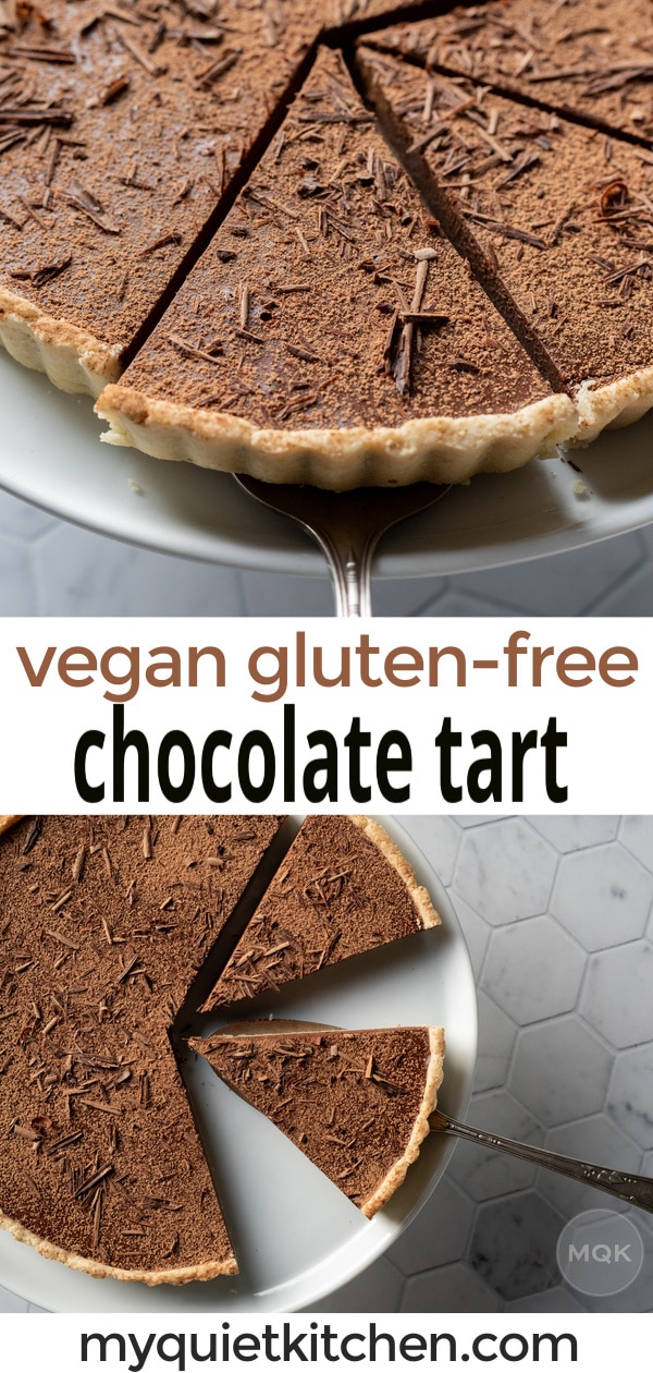 Chocolate tart photos with text overlay to save on Pinterest.