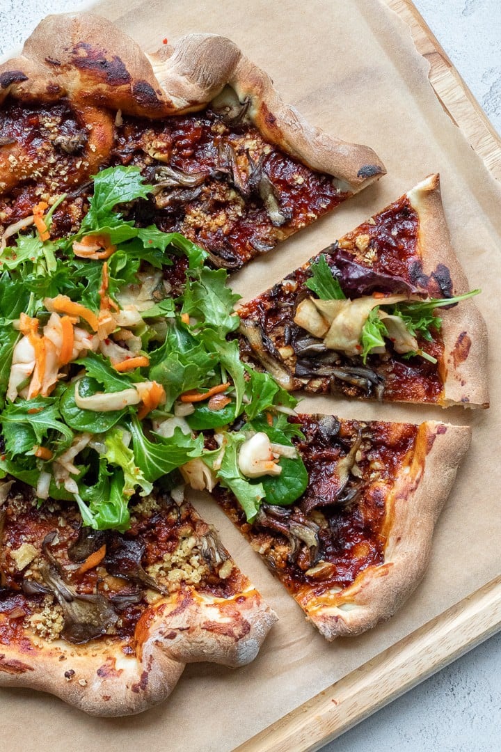 overhead shot of Korean Barbecue Pizza