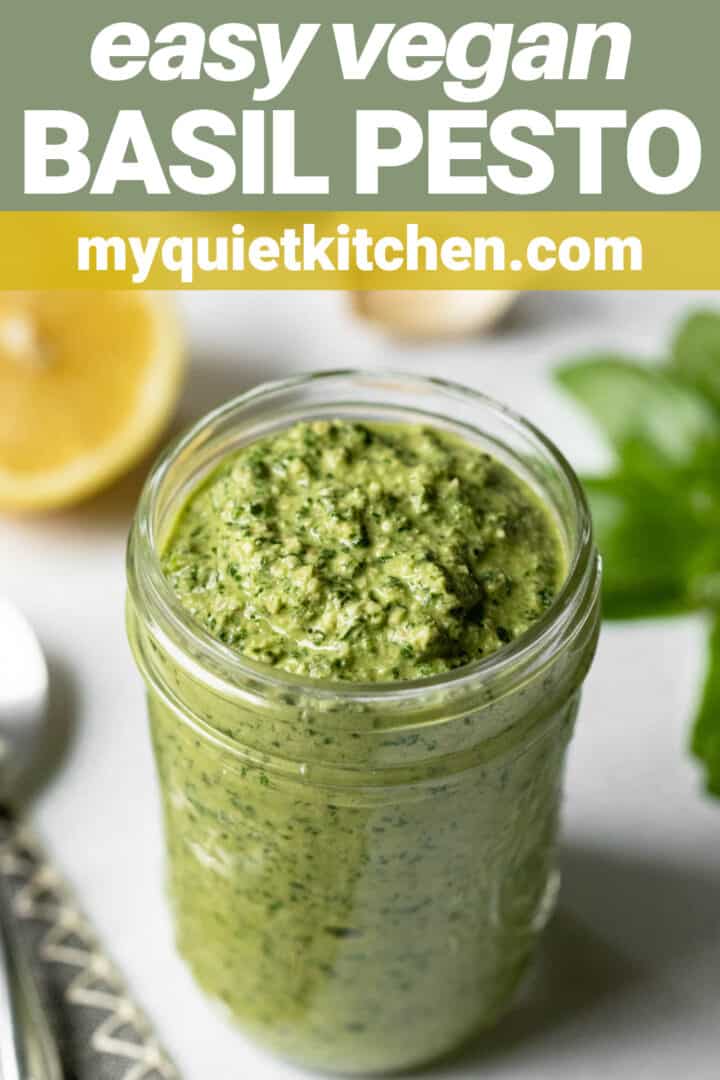 pesto in a jar with text overlay to save on Pinterest.