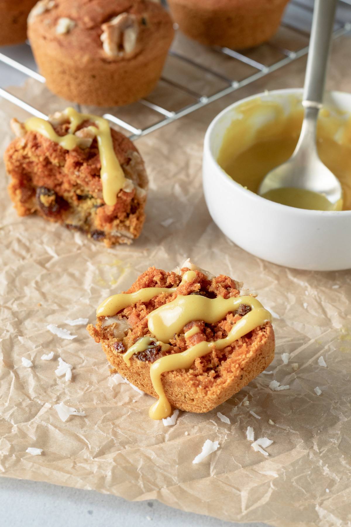 a muffin drizzled with turmeric-coconut butter glaze.