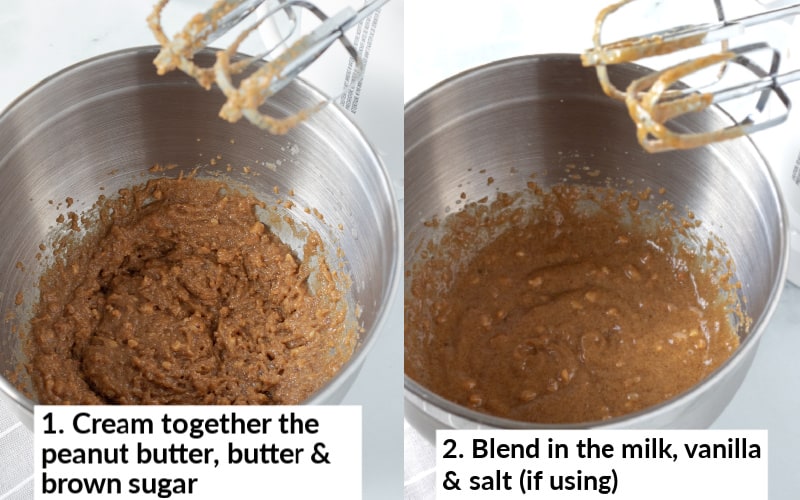 2-photo collage showing how to cream together the butters, sugar and wet ingredients