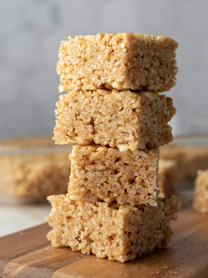close up stack of 4 rice krispie squares