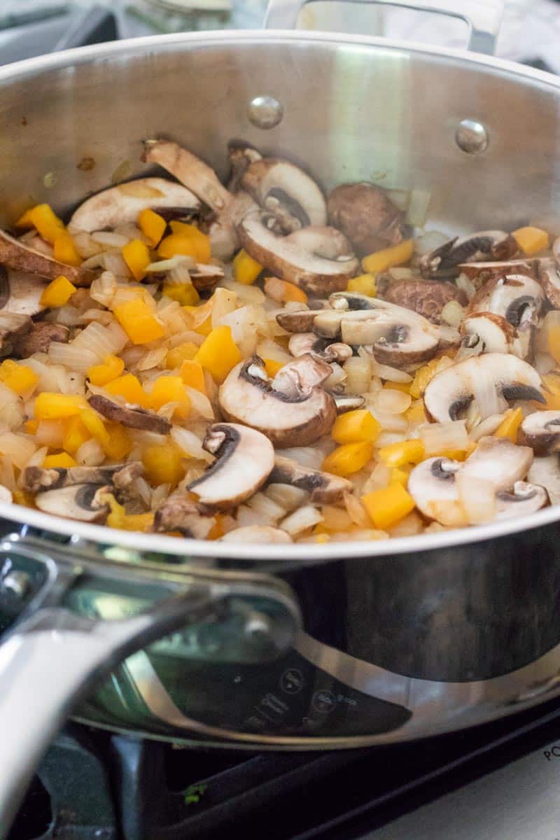 Sauteed onion, pepper and mushrooms for Refried Black Bean and Tempeh Tacos