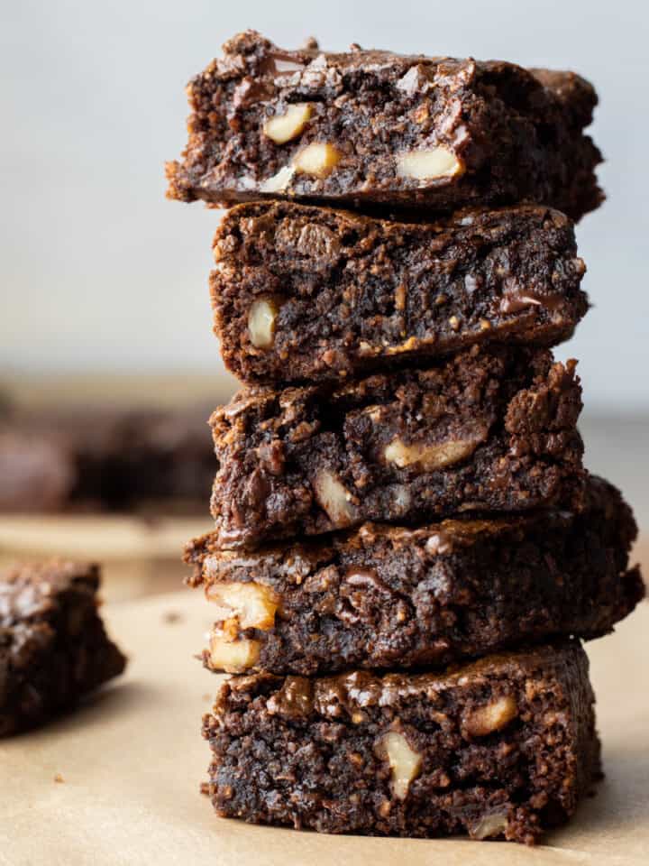 stack of 5 peanut butter brownies.