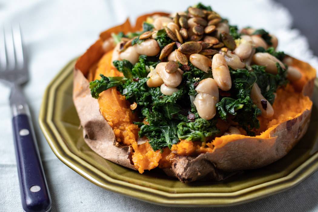 Sweet Potatoes with Lemony Kale and White Beans