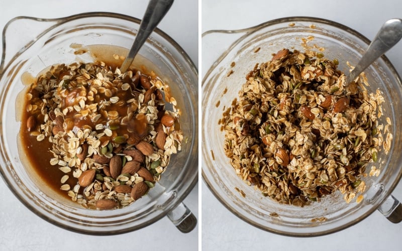 Two photos showing stirring wet ingredients into the oats and nuts.