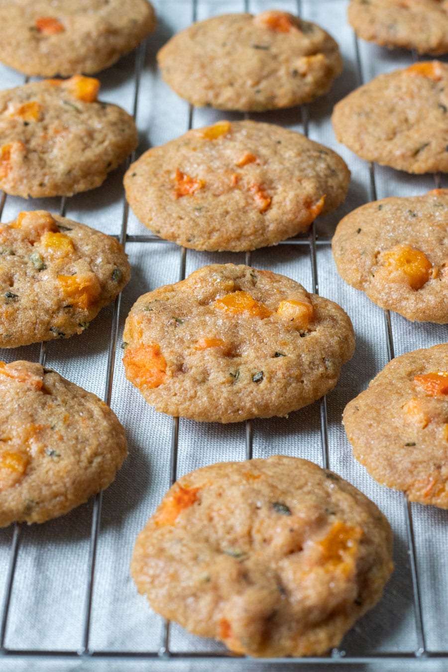 Roasted Honeynut and Rosemary Cookies on a cooling rack