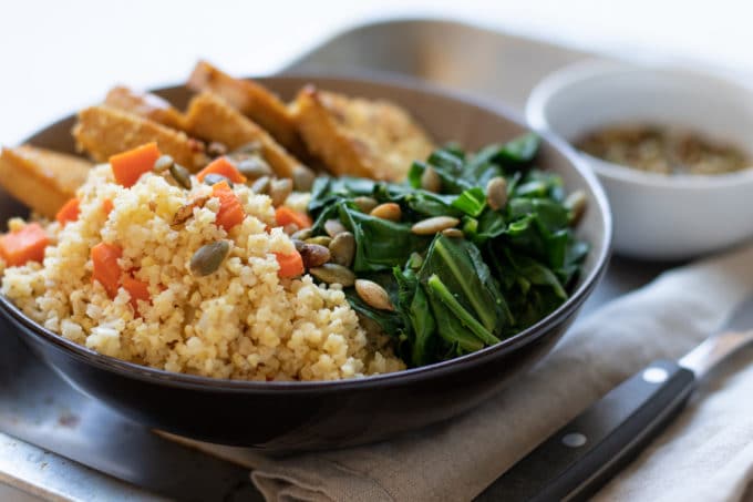 Sweet Mustard Tofu Bowl With Millet Pilaf and Greens - My Quiet Kitchen