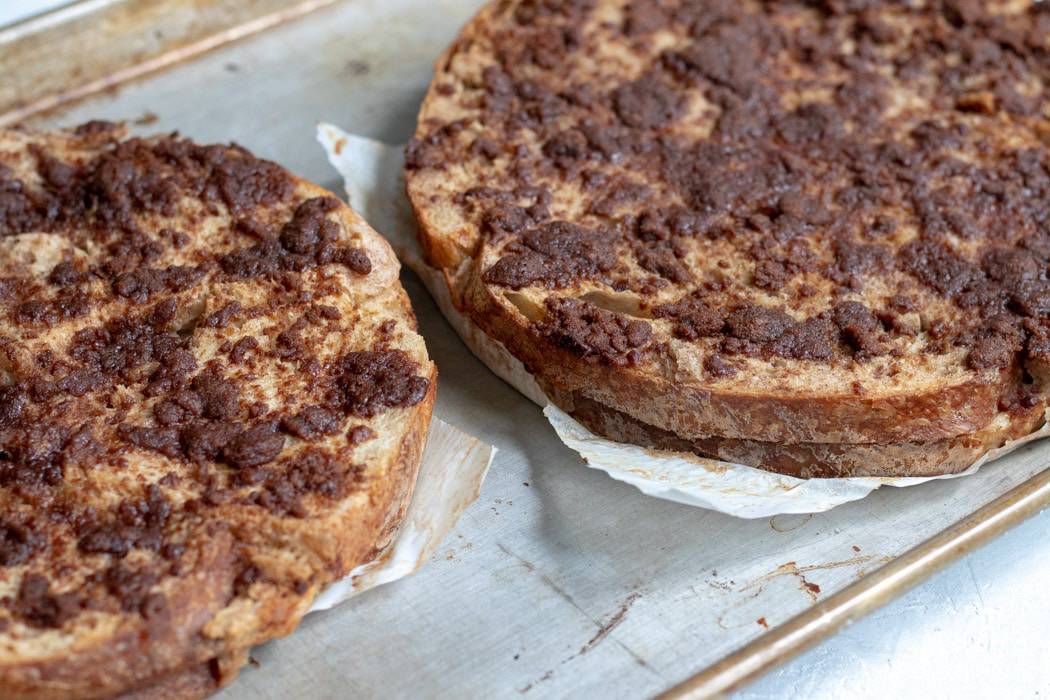 french toast for vegan trifle, cooling on a pan