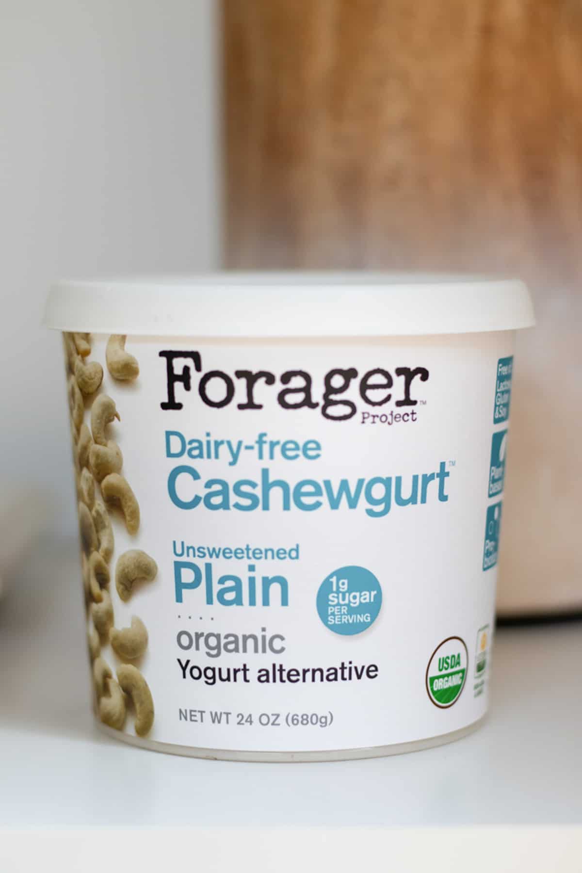 a container of Forager dairy-free cashewgurt.