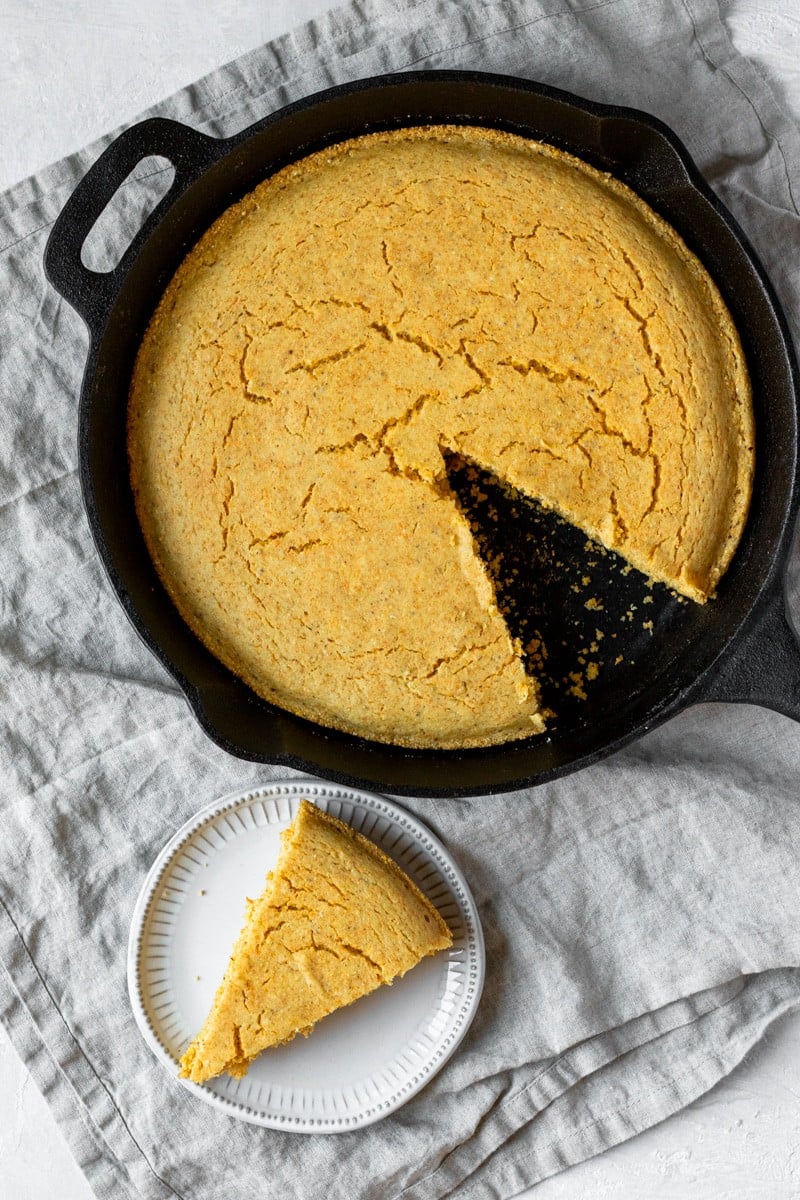 overhead view of Vegan Southern-Style Cornbread in a skillet