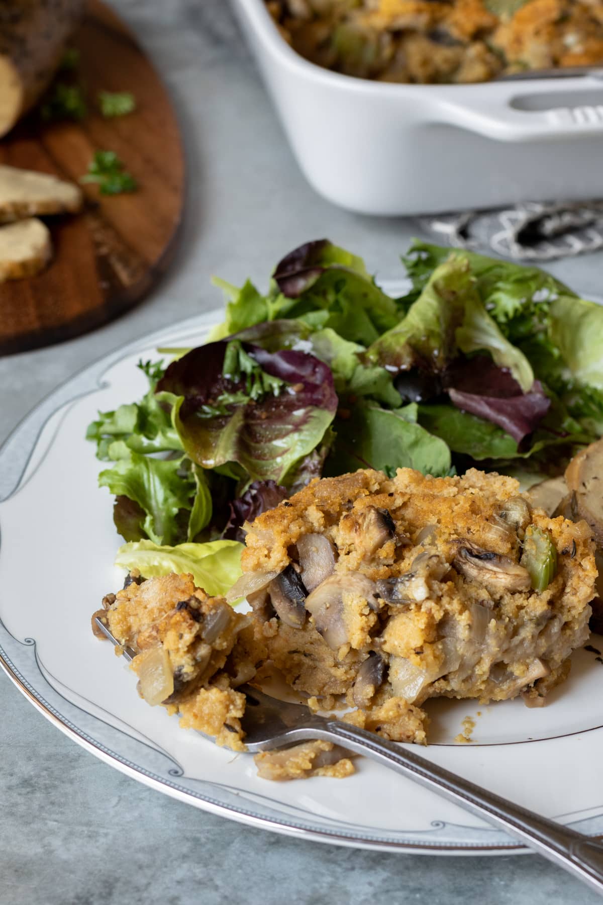 close up of the texture of moist vegan cornbread stuffing.