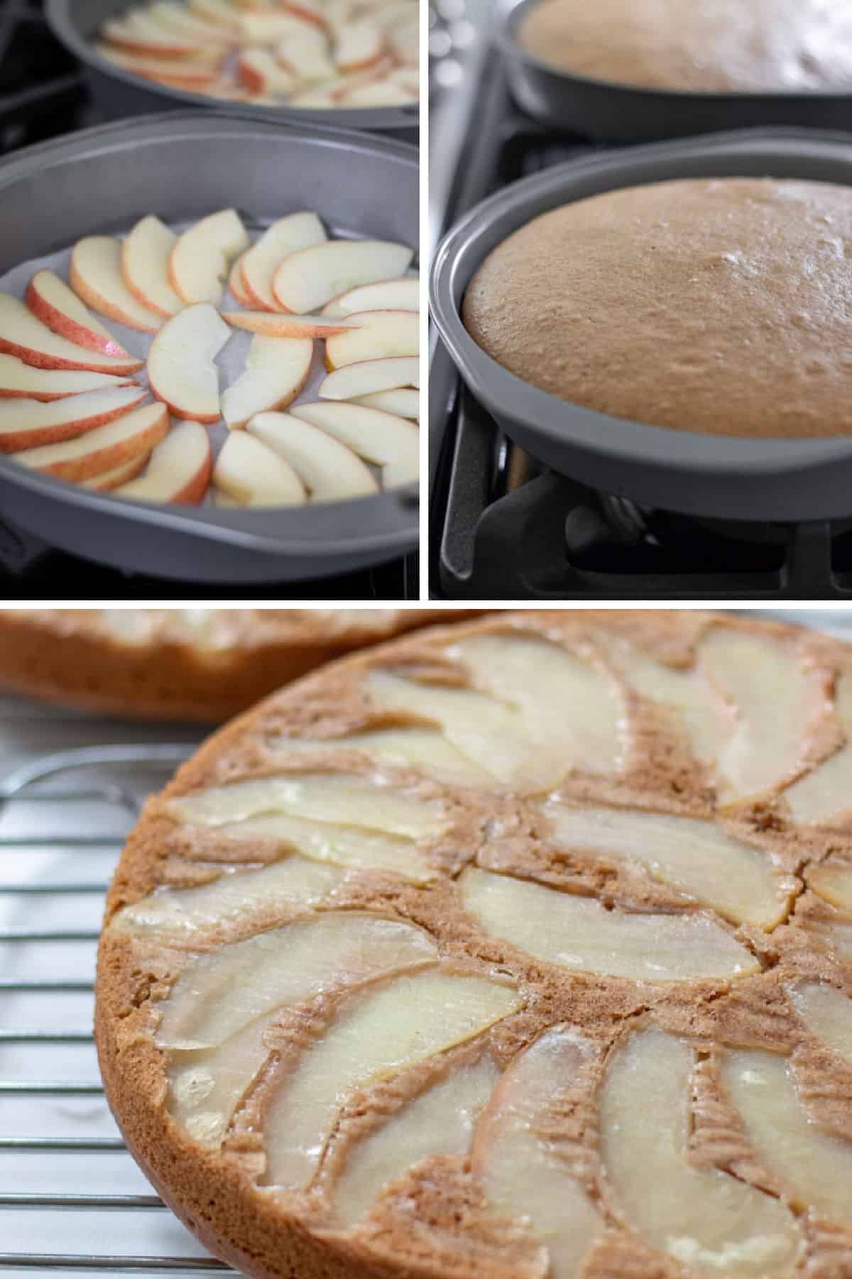 a 3-photo collage showing how to make a single layer apple upside down cake.