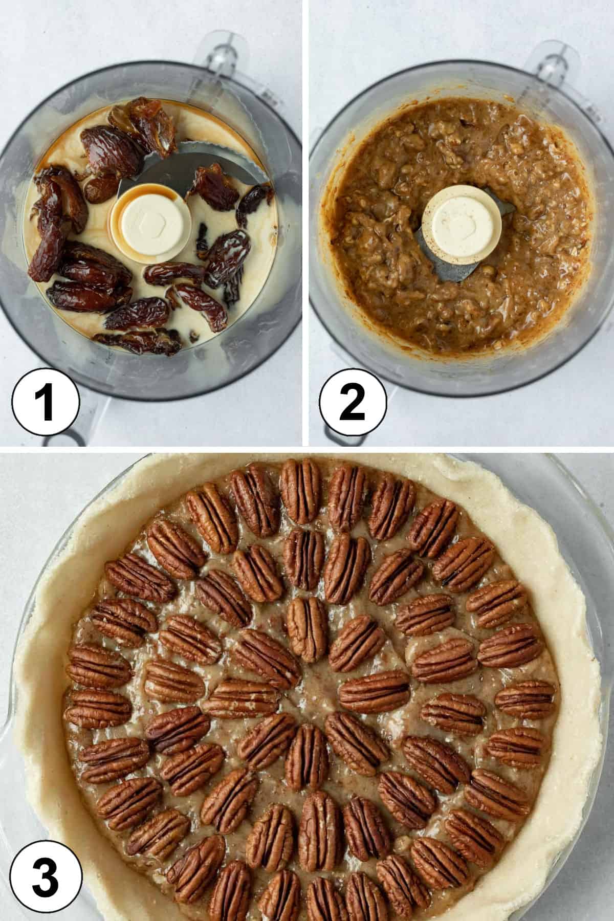 a 3-photo collage showing the steps involved in making and assembling the pie.
