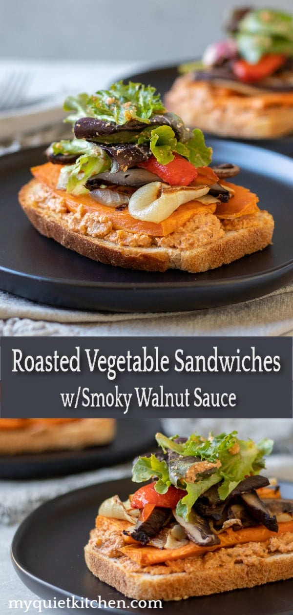 Roasted Vegetable Sandwiches with Smoky Walnut Sauce Pin for Pinterest