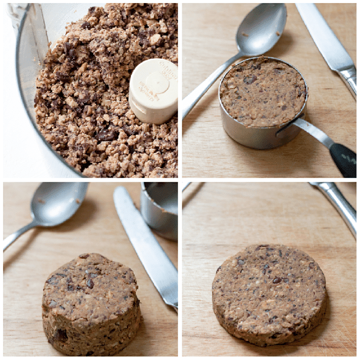 4-photo collage showing how to process and form the black bean burgers.