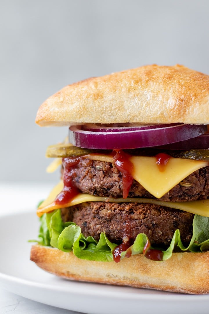 Close up view of Vegan Tempeh and Black Bean Burgers.