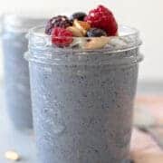 Berries and Greens Breakfast Pudding in a glass jar