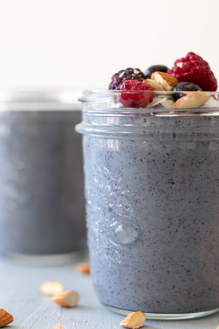 blueberry tofu breakfast pudding in a glass jar