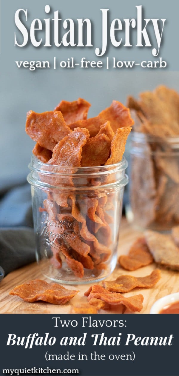 Pin for Pinterest showing seitan jerky in a glass jar