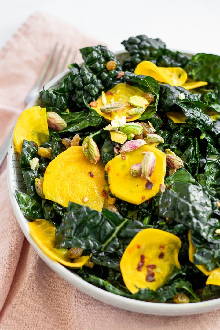 overhead view of kale and golden beet salad with champagne vinaigrette