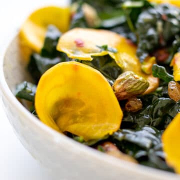 Kale and Golden Beet Salad in a white bowl