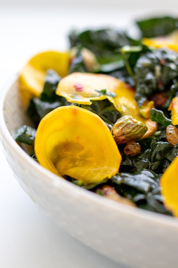 Kale and Golden Beet Salad in a white bowl