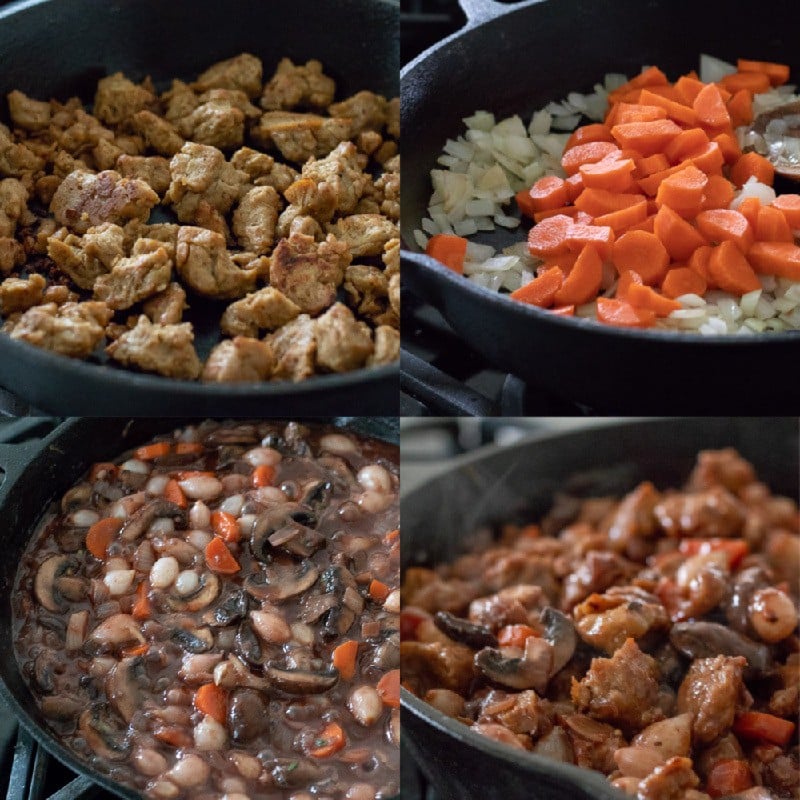 Vegan Seitan Bourguignon prep collage showing stages of cooking.