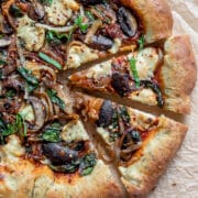 overhead shot of vegan stuffed crust pizza