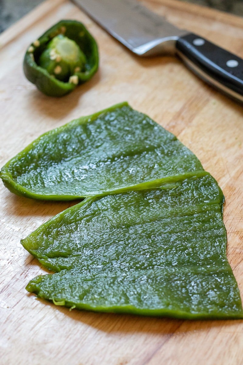 preparing the roasted poblano pepper.