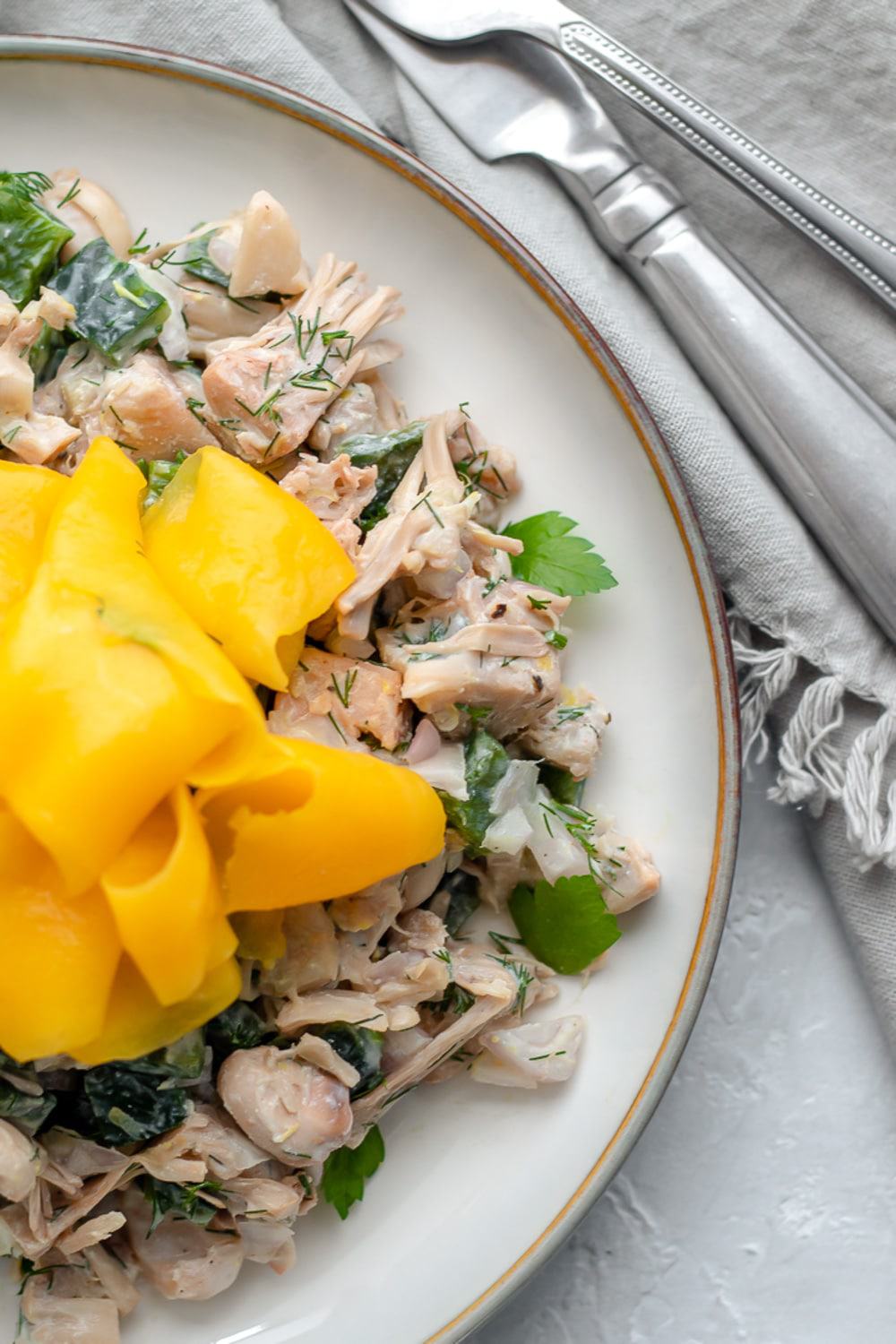 overhead view of jackfruit recipe topped with ribbons of fresh mango.