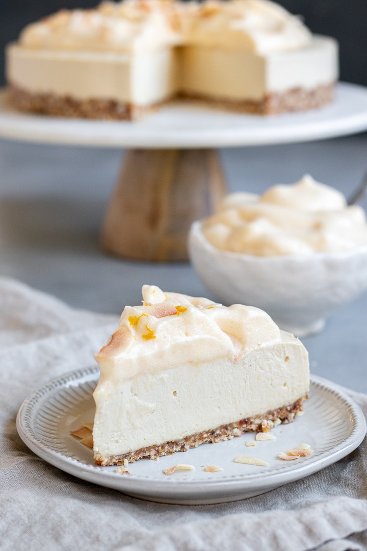 A slice of Vegan Cheesecake on a plate.