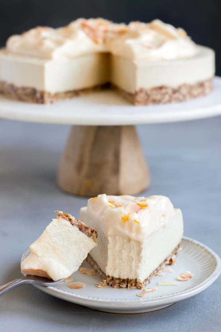 a bite of Meyer Lemon Vegan Cheesecake on a fork.