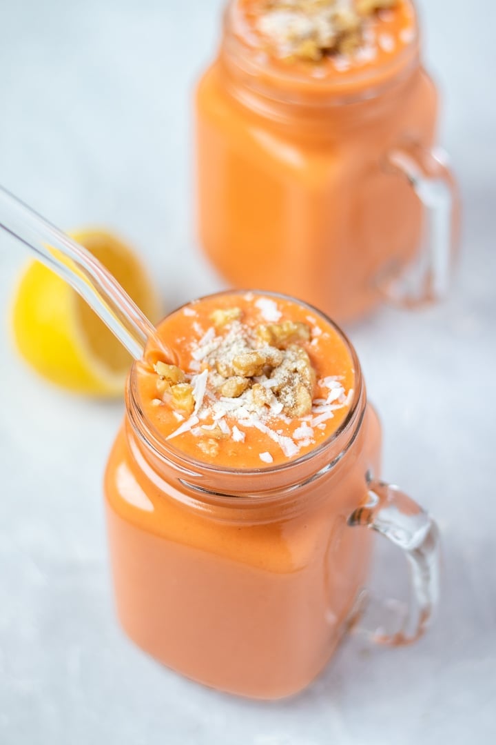 Tropical Carrot Cake Smoothie in a glass mug