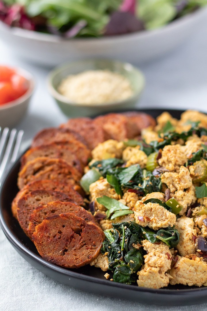 Cajun tofu scramble with homemade vegan andouille sausage.