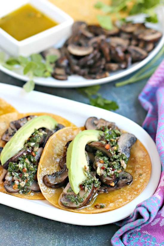 Chimichurri tacos on a serving platter