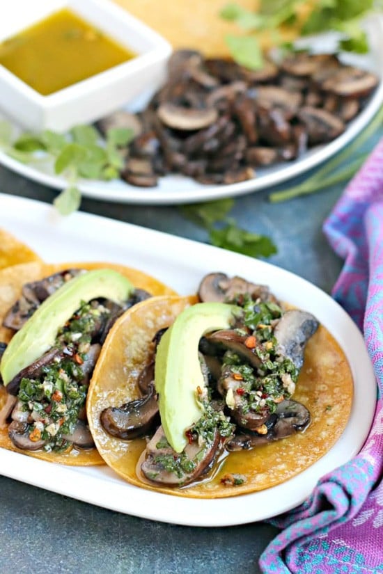 Chimichurri tacos on a serving platter.