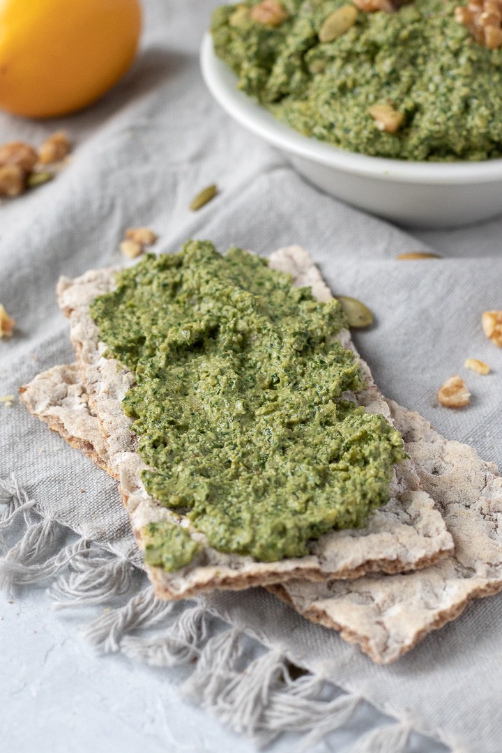 Parsley-Dill Pesto spread on a Wasa cracker.