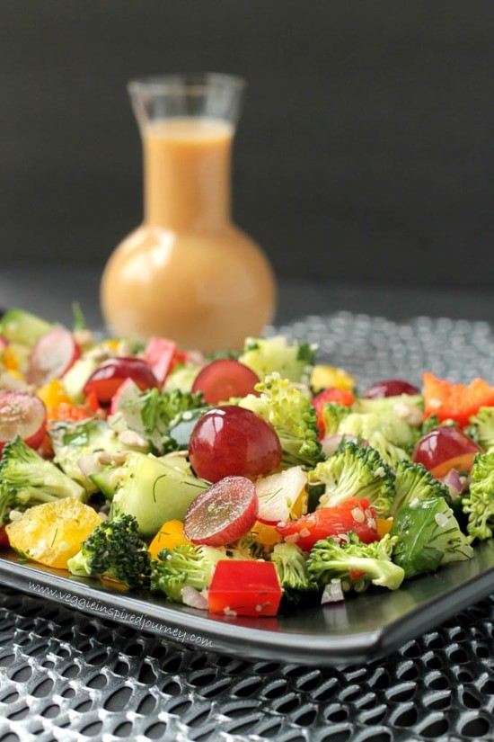 Raw Chopped Veggie Salad on a serving tray.
