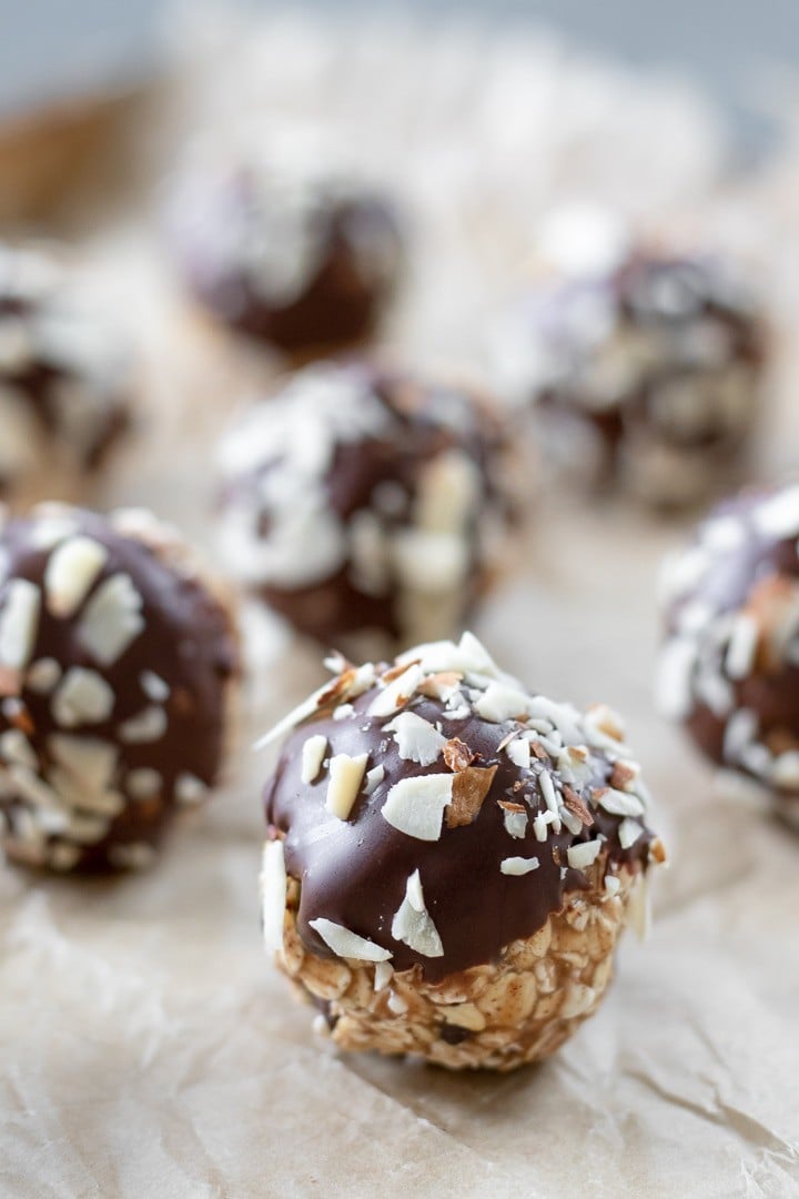 close up of Salted Chocolate-Almond Popped Sorghum Balls