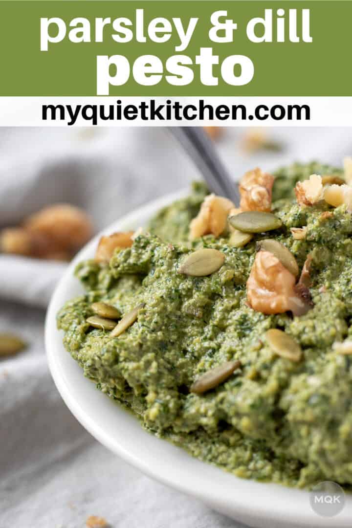 pesto with title text overlay to save on Pinterest.