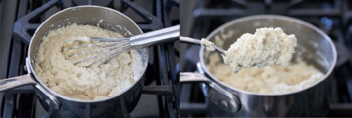 Collage showing cooking almond cheese on the stove.