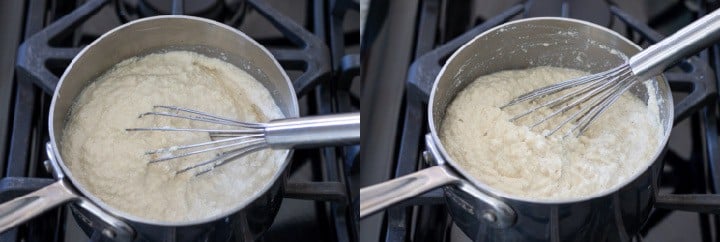 Collage showing the cooking of almond queso blanco on the stove.