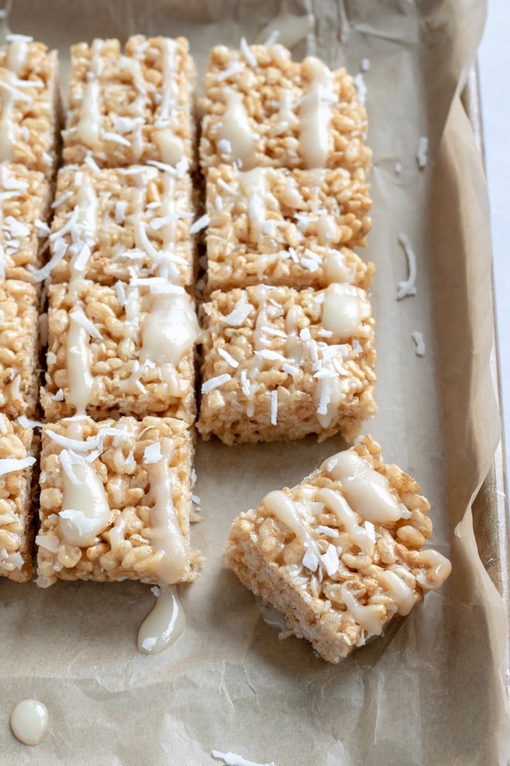 CBD-infused Vegan Rice Krispie Treats drizzled with coconut glaze