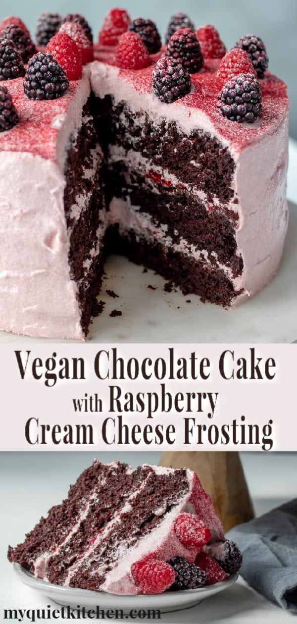 Vegan Chocolate Cake With Raspberry Cream Cheese Frosting pin for Pinterest