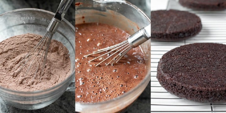 3-photo collage showing how to make vegan chocolate cake - dry ingredients, batter, and baked cake layers.
