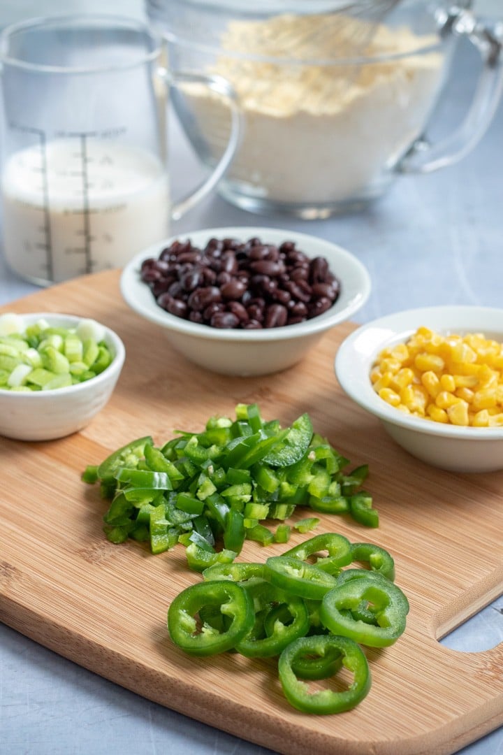 ingredients for Jalapeno Cornbread on a cutting board