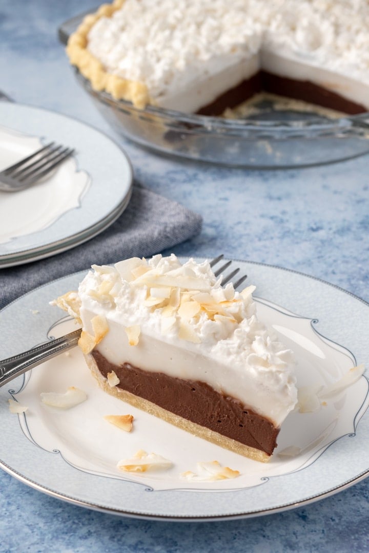 a slice of chocolate haupia pie on a plate.