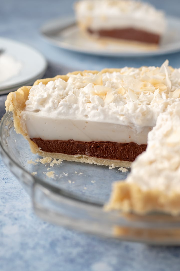 a view of the inside layers of chocolate haupia pie.