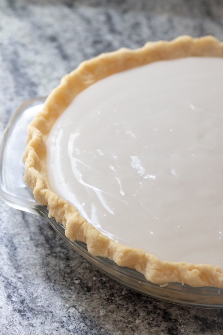 Vegan Chocolate Haupia Pie ready to chill in the fridge.